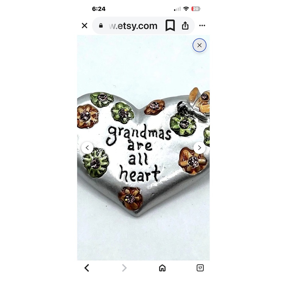 Silver Tone Heart Grandma Brooch Butterfly Pink Rhinestone Flowers